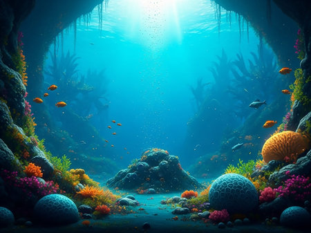 A colorful underwater scene featuring a coral reef teeming with small fish, illuminated by sunbeams filtering through the blue water.の素材