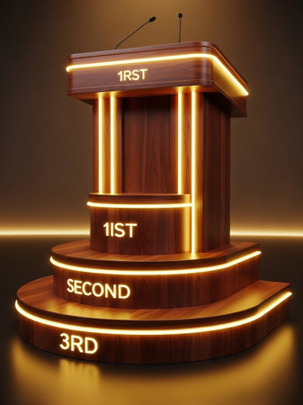 A polished wooden podium with illuminated tiers labeled "1ST", "SECOND", and "3RD", featuring microphones at the top.の素材