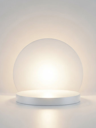A minimalist white circular pedestal is placed in front of a large, softly lit diffused sphere, creating a bright and clean studio display.の素材
