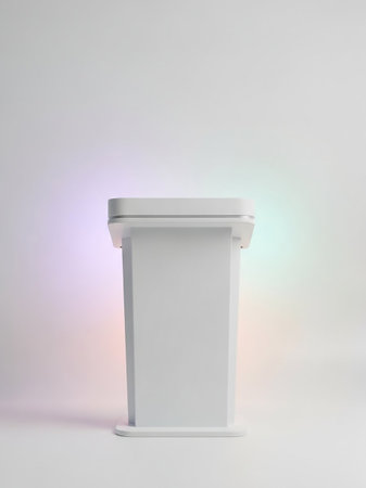A sleek, white modern podium stands against a soft pastel gradient background with subtle purple and green hues.の素材