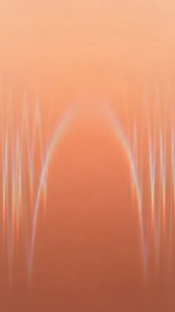 A soft peach abstract background with vertical iridescent light streaks forming a subtle arch shape, creating a gentle and luminous effect.の素材