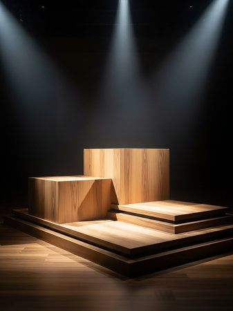 Three wooden display pedestals of varying heights are arranged on a stage, illuminated by dramatic spotlights against a dark background.の素材