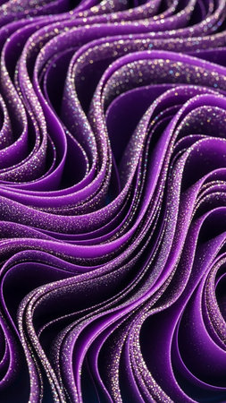 Vibrant purple fabric forms swirling waves, adorned with sparkling glitter accents, creating a rich and textured pattern.の素材