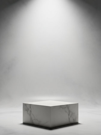 A white marble cube podium sits centrally in a studio setting, illuminated by a bright spotlight from above, casting soft shadows.の素材