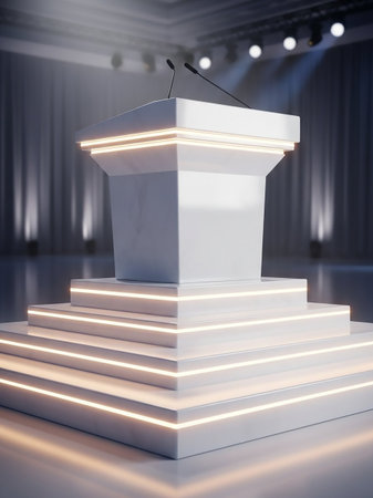 A sleek white podium with integrated LED lighting sits on a multi-tiered stage within a softly lit conference hall, creating a modern presentation space.の素材