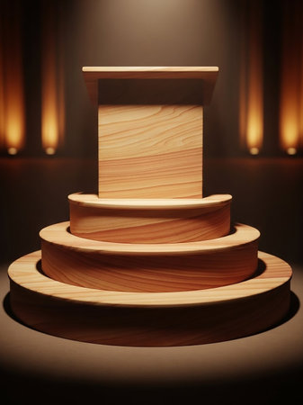 A simple wooden tiered podium is illuminated by soft spotlights, creating a warm glow against a blurred, bokeh background.の素材