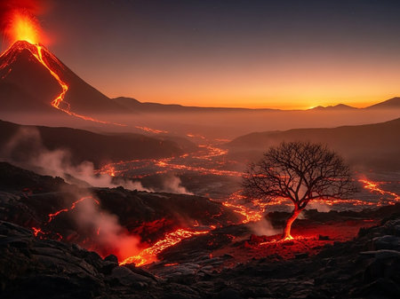 A dramatic volcanic eruption at sunset with glowing orange lava flowing through a valley, illuminating the landscape and a lone silhouetted tree.の素材
