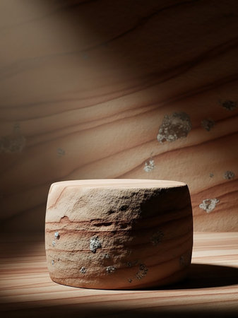 A rough, textured stone pedestal sits on a wooden surface, illuminated by a soft spotlight against a blurred wood grain background.の素材
