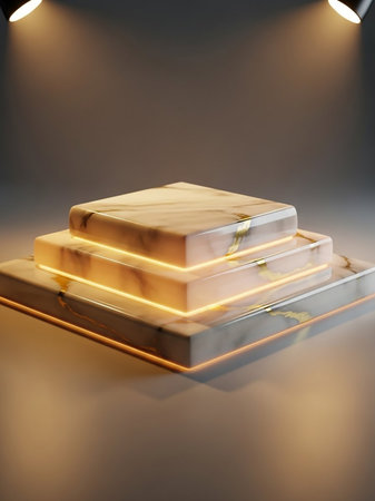 A three-tiered square podium crafted from marble with subtle gold accents and illuminated edges, set against a soft, neutral background.の素材