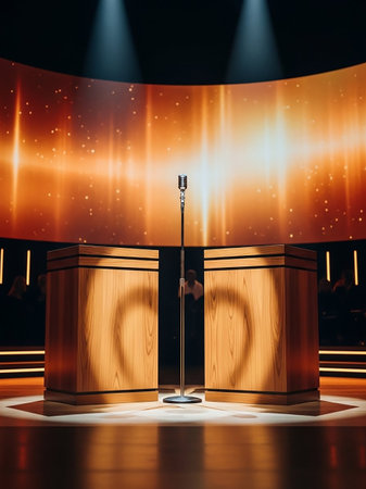 A vintage microphone stands centered on a stage between two wooden podiums, set against a dramatic backdrop of a brightly lit orange and gold screen with sparkling lights.の素材