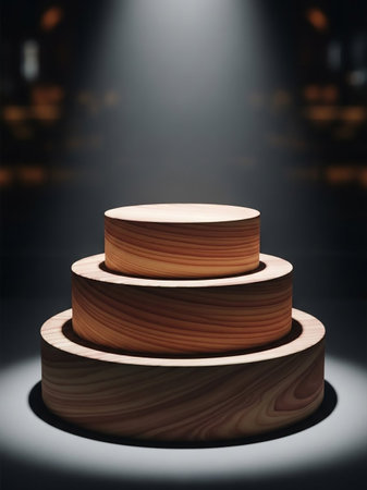 Three tiered circular wooden pedestals with visible wood grain, illuminated by spotlights on a dark, blurred background.の素材