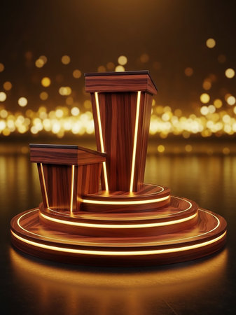 Two wooden podiums are positioned on a circular stage with glowing golden lights, set against a blurred background of bokeh lights.の素材