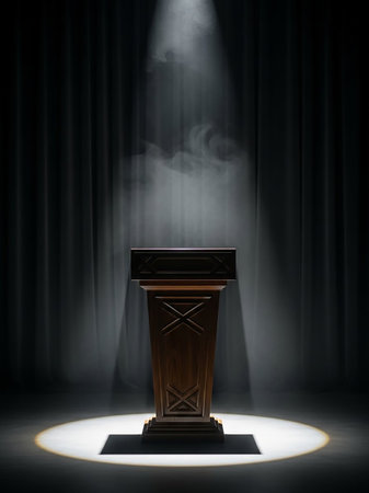 A dark wooden podium with ornate carvings is dramatically lit by a spotlight, with a subtle smoke effect adding to the atmosphere against a curtain backdrop.の素材