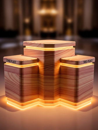 A three-tiered wooden podium with glowing orange light illuminating the base and sides, indicating ranks for 1st, 2nd, and 3rd place.の素材