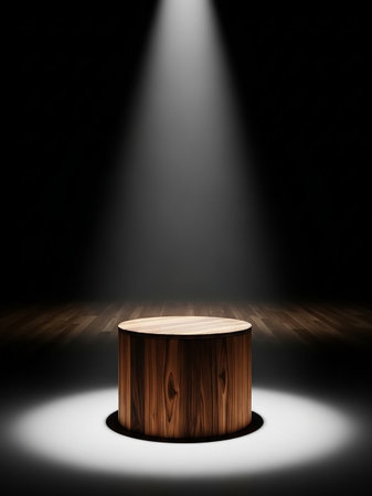 A cylindrical wooden pedestal is dramatically lit by a single, focused spotlight from above, casting a bright circle on the dark wooden stage floor.の素材