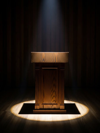 A wooden podium stands center stage, bathed in a dramatic spotlight that casts a circular glow on the dark wooden floor.の素材