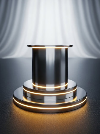 A modern metallic podium with multiple tiers and glowing orange LED lights sits on a dark surface with draped curtains in the background.の素材