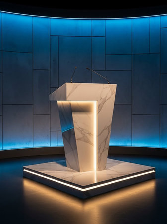 A modern marble podium with integrated LED lighting stands on a illuminated platform in a sleek, futuristic setting with a blue illuminated backdrop.の素材