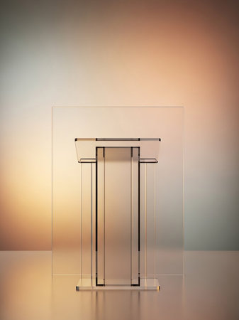 A minimalist transparent lectern with a sleek design, set against a soft, warm gradient background.の素材