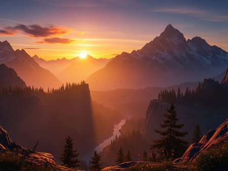A breathtaking mountain valley bathed in the warm glow of a sunset, with a winding river, pine trees, and dramatic light rays.の素材