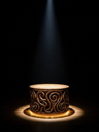 A round wooden pedestal with intricate carvings is illuminated by a single spotlight against a dark background, creating a dramatic presentation.の素材