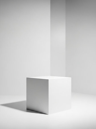 A simple white cube sits on a white surface with soft shadows, creating a minimalist and clean studio composition.の素材