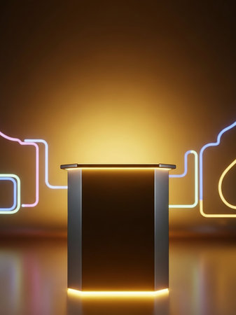 A modern hexagonal podium with a neon outline is centered against a warm yellow gradient background, creating a sleek display space.の素材