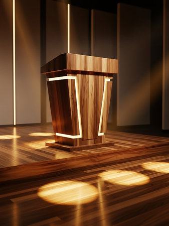An ornate wooden podium with integrated glowing lights sits on a polished wood floor, illuminated by dramatic spotlights creating a warm ambiance.の素材