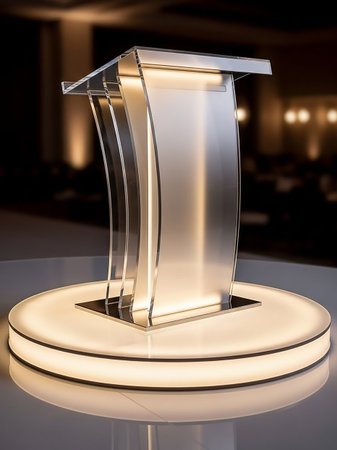 A modern lectern made of clear acrylic and polished metal stands on a circular illuminated base, ready for a presentation.の素材