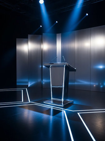 A modern stage with a sleek, metallic podium is dramatically lit by intense blue spotlights, creating sharp geometric lines.の素材