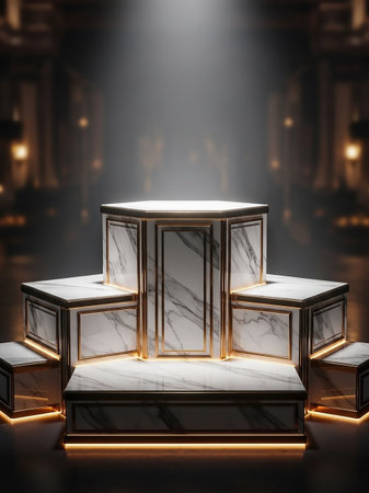 An elegant multi-tiered podium made of white marble with gold trim is softly lit from below, set against the blurred backdrop of a grand hall, suggesting a formal event.の素材