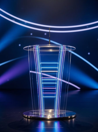 A transparent podium with vibrant neon blue and purple lights sits on a dark stage, illuminated by dramatic spotlights and light beams.の素材