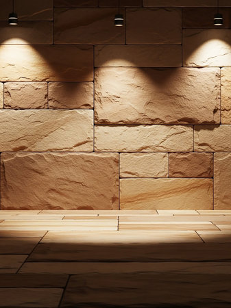 A textured stone wall and a wooden floor are illuminated by three hanging pendant lights, creating a warm and inviting atmosphere.の素材