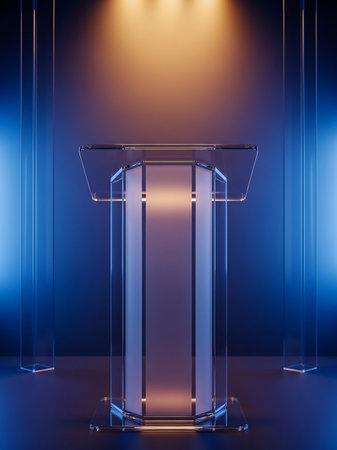 A modern clear acrylic lectern with frosted vertical panels is dramatically lit with blue and orange light, creating a striking visual.の素材