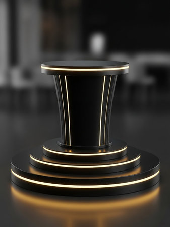A sophisticated black display pedestal with glowing gold stripes on its tiered base and body sits on a dark, reflective surface.の素材