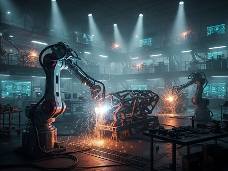 Robotic arms actively weld a metal framework in a dimly lit factory, emitting bright sparks, with monitors displaying data in the background.の素材