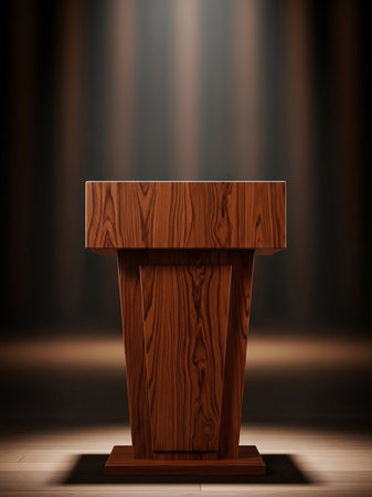 A polished wooden podium with an angled base is softly illuminated by spotlights on a wooden floor, creating a classic presentation space.の素材