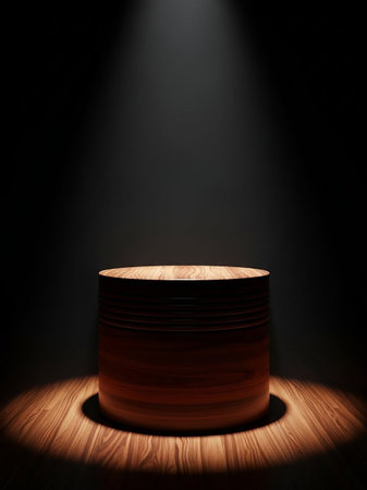 A cylindrical wooden pedestal sits on a wooden floor, dramatically lit by spotlights from above, casting shadows.の素材
