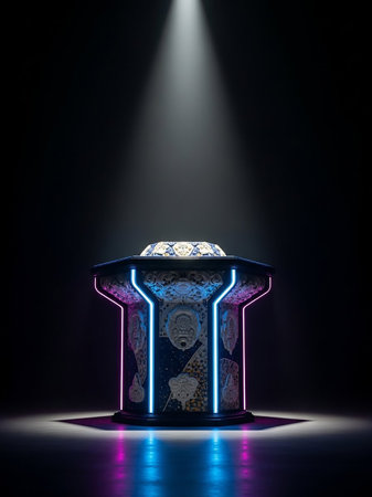 An ornate octagonal pedestal with intricate patterns is illuminated by blue and pink neon lights and a spotlight from above.の素材