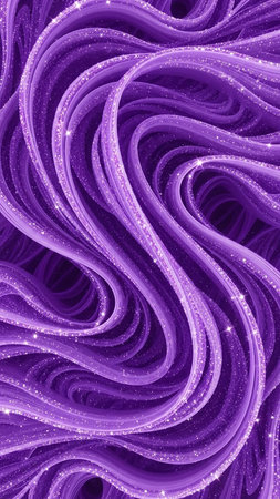 Swirling strands of vibrant purple flow and intertwine, adorned with shimmering glitter and sparkles, creating a magical and luminous texture.の素材
