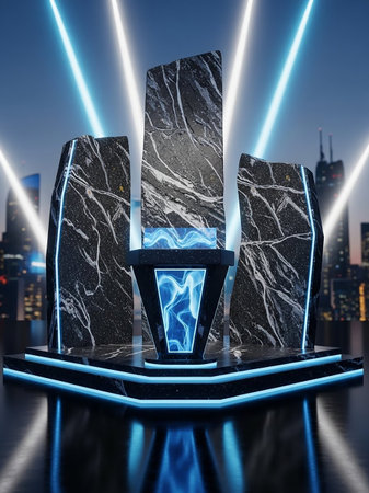 A futuristic stage with dark marble pillars and a central glowing blue energy source is set against a city skyline backdrop with neon lights.の素材