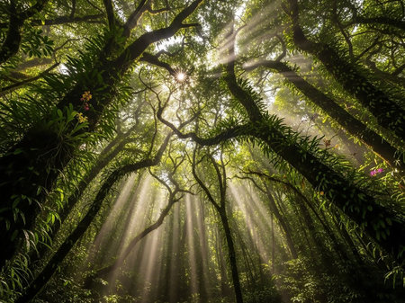 Sunbeams pierce through the dense, lush green canopy of a rainforest, illuminating the ancient trees covered in moss and ferns.の素材