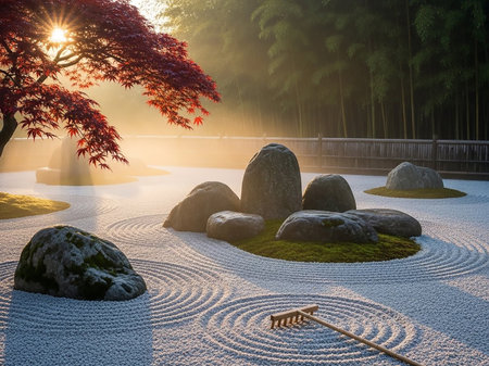 A tranquil Zen garden with meticulously raked sand, large stones, and a sunlit Japanese maple tree casting rays of light.の素材
