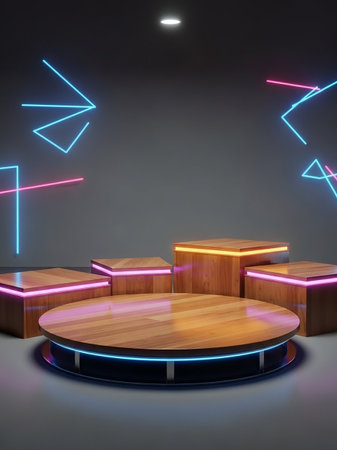A circular wooden podium and several square wooden pedestals with neon light accents are arranged in a dark studio setting, creating a modern display.の素材