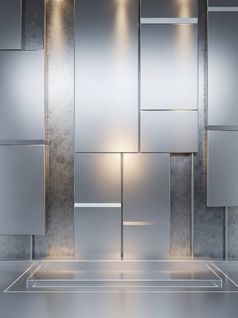 A modern stage with a metallic podium and geometric panels on a textured concrete wall, illuminated by spotlights creating a reflective atmosphere.の素材