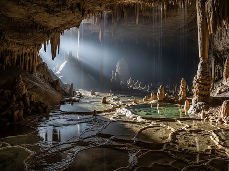 A natural cave interior with tranquil pools of water reflecting sunbeams filtering through stalactites and stalagmites.の素材