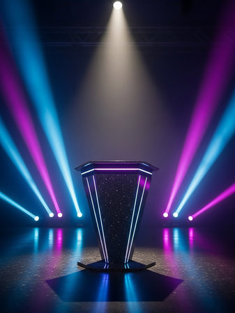 A hexagonal podium on a reflective floor is dramatically illuminated by colorful stage lights, including a central spotlight and side beams of pink and blue, creating a vibrant performance atmosphere.の素材