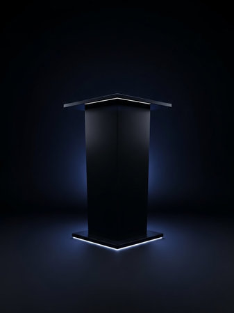 A modern, sleek black podium stands against a dark background, subtly illuminated by glowing blue light along its edges.の素材