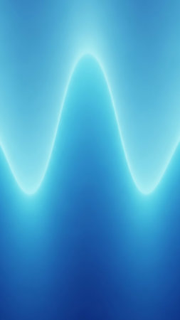 A smooth, abstract blue wave shape with a bright, glowing neon light outline against a darker blue background.の素材