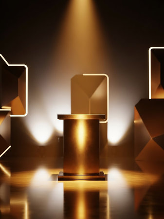 A golden podium stands center stage in a dark studio, surrounded by illuminated geometric shapes and dramatic spotlights, creating a luxurious atmosphere.の素材